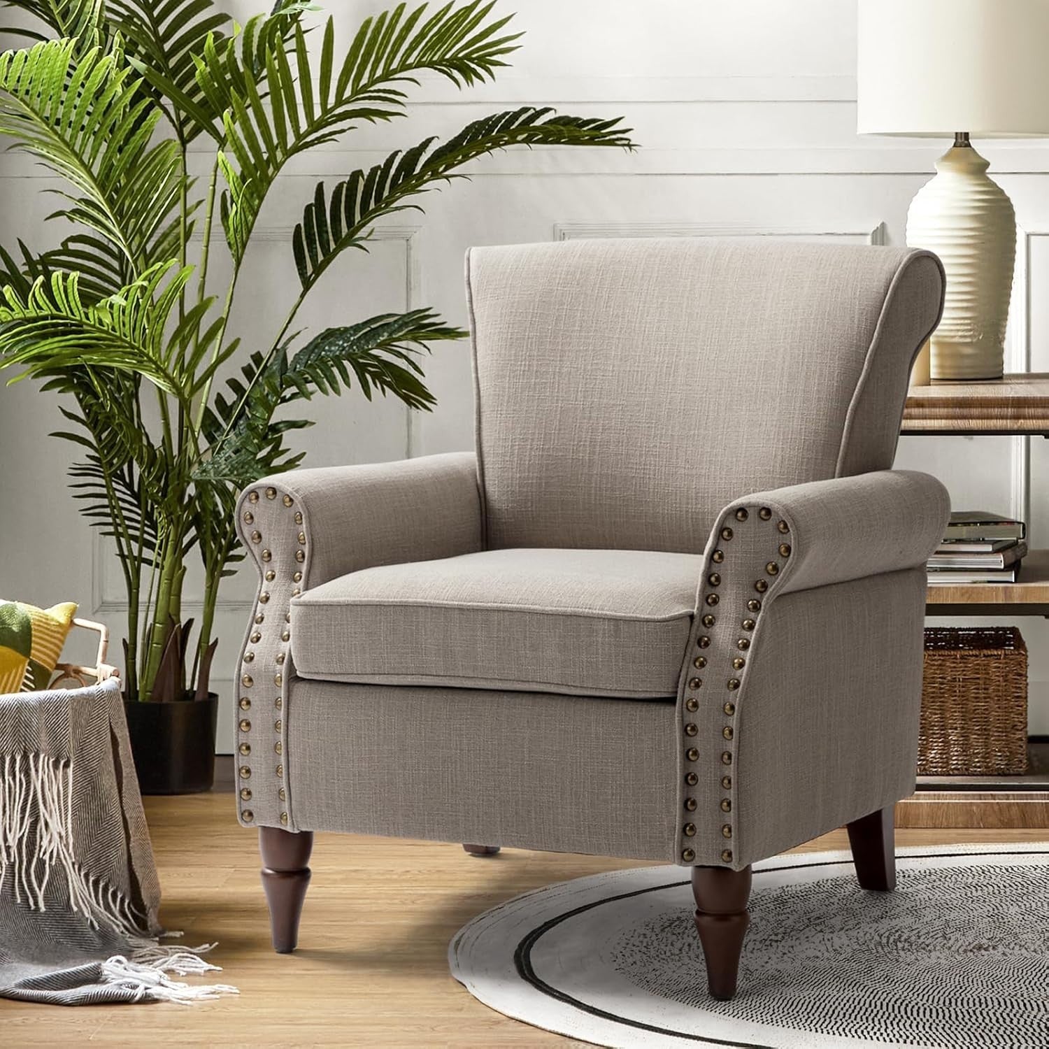 Grey Wingback Accent Chair Upholstered Armchair with Nailhead Trim