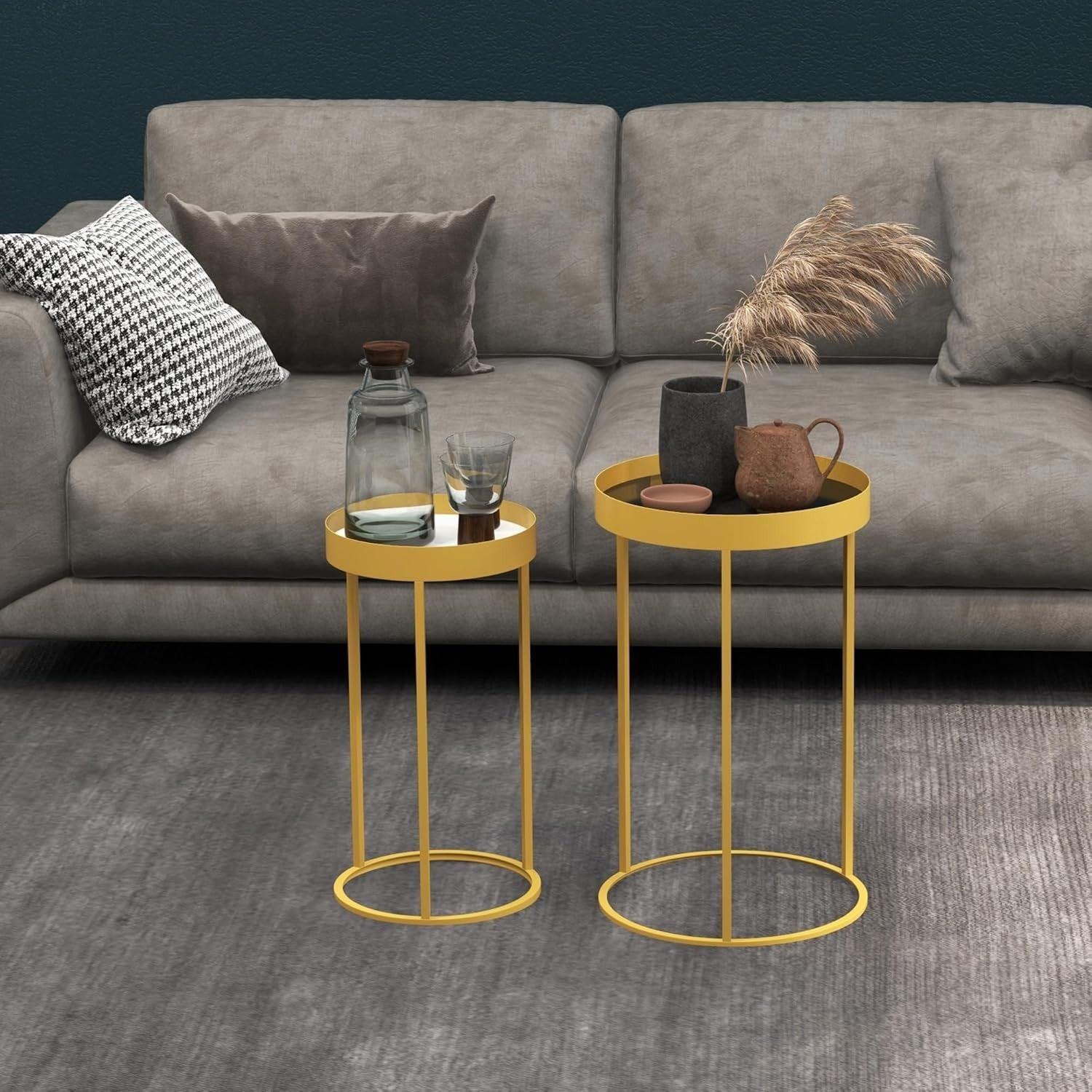 Gold Nesting Side Table Set 2 Round Metal Frame Tray Coffee End Tables Modern