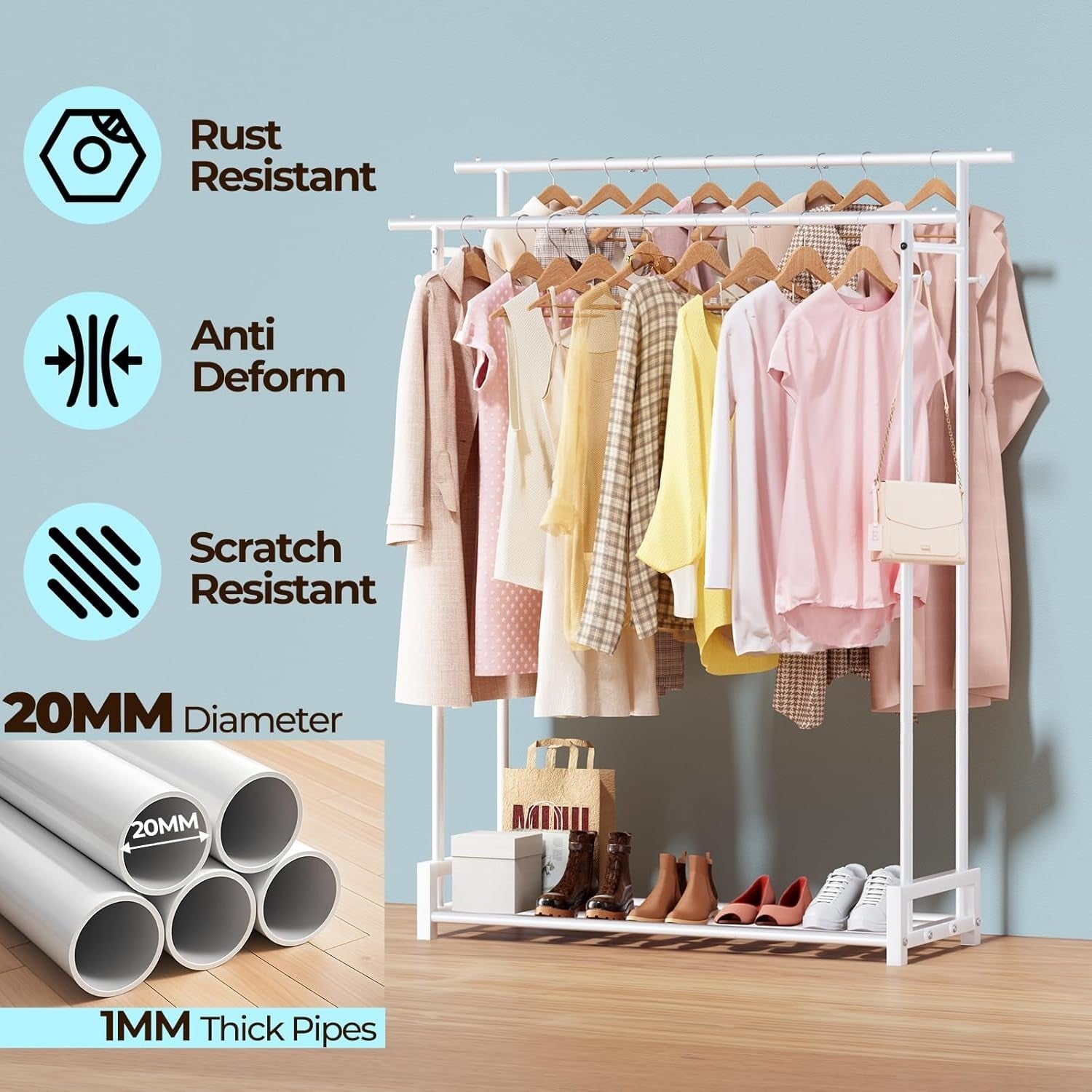 Double Clothes Rail with Shelf & Hooks – White 150cm