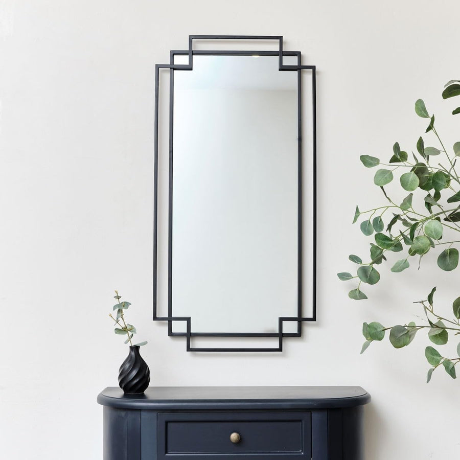 Black Geometric Wall Mirror 94x48cm Modern Metal Frame for Bathroom