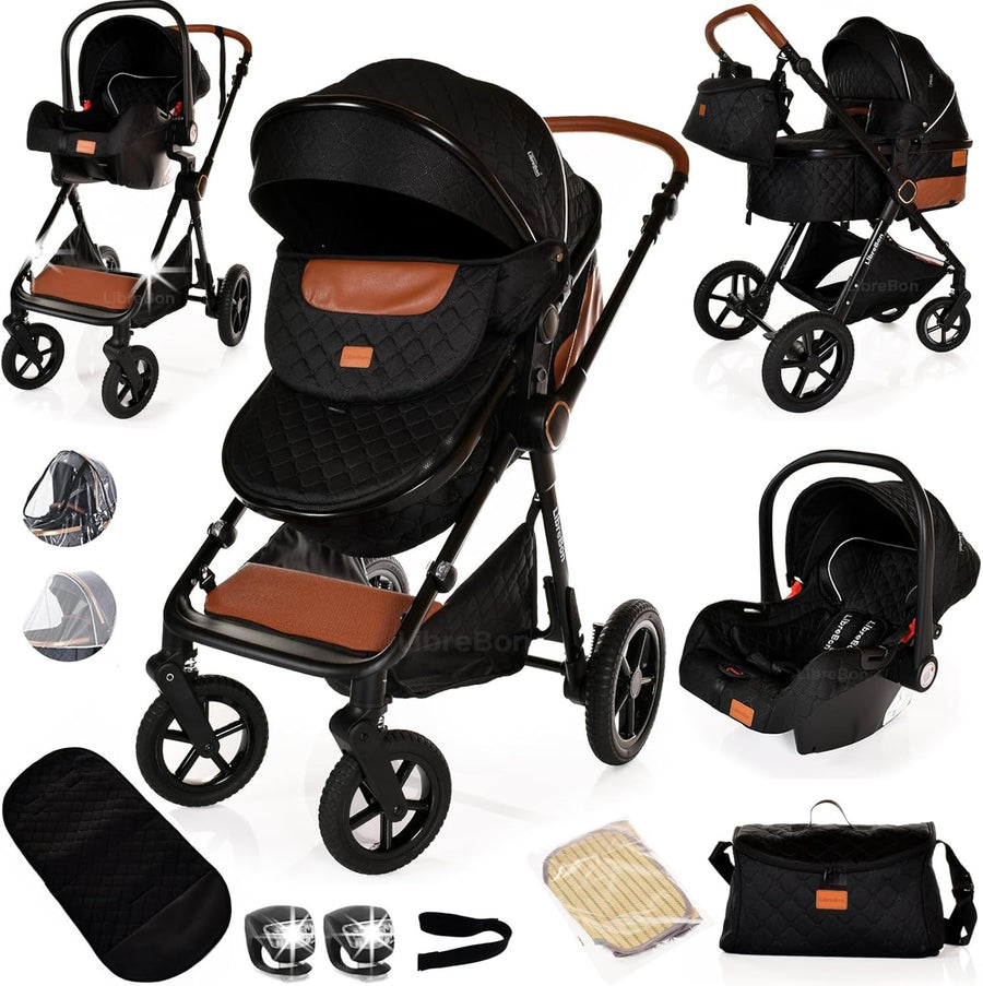3 in 1 Baby Pram Pushchair Lightweight Folding Travel System Newborn Black
