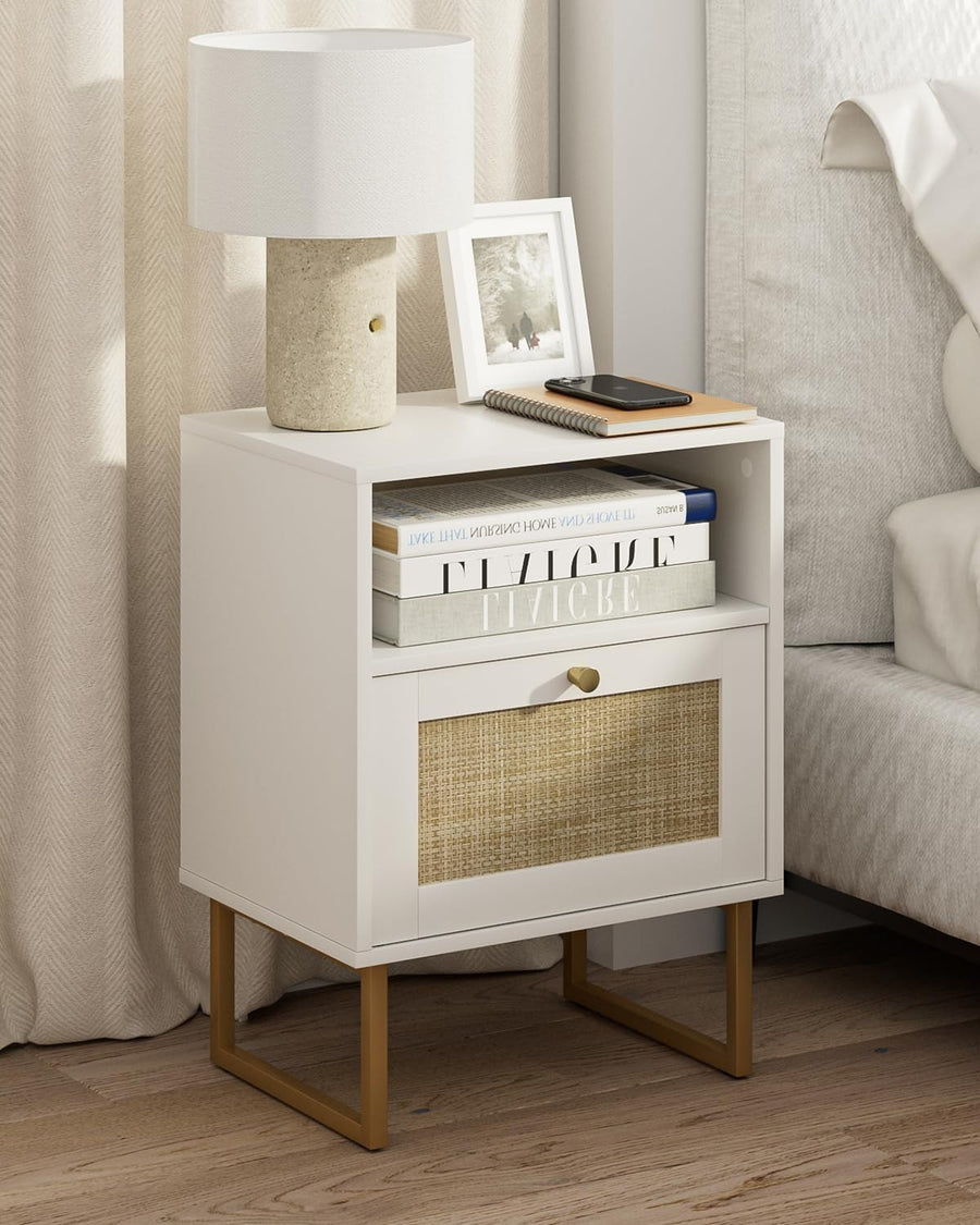 Modern Rattan Bedside Table with Drawer & Shelf – Boho White Wood Nightstand