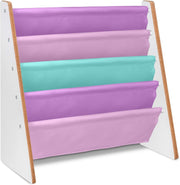 Kids Pink Sling Bookshelf – 4-Tier Wooden Storage with Soft Fabric Shelves