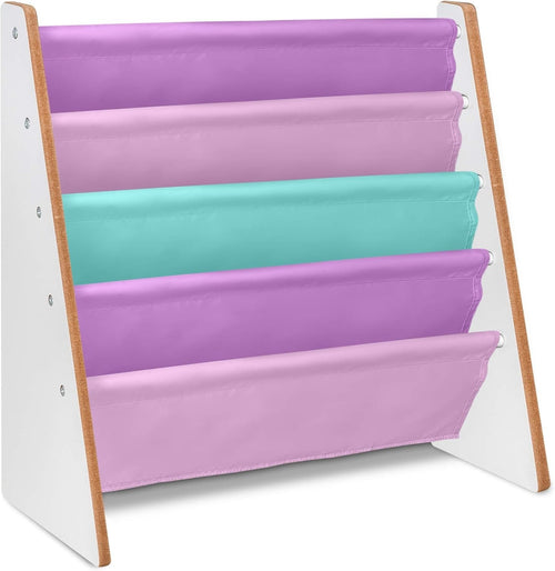 Kids Pink Sling Bookshelf – 4-Tier Wooden Storage with Soft Fabric Shelves
