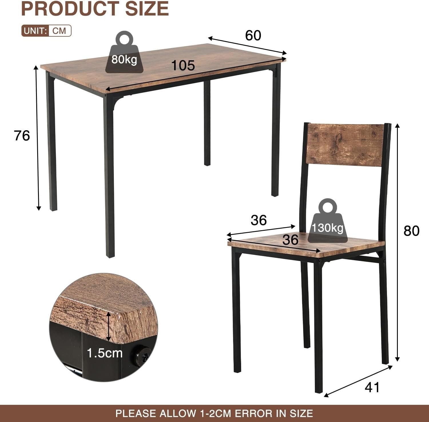 Rustic Brown Dining Table & 4 Chairs Set - Compact, Durable & Space Saving