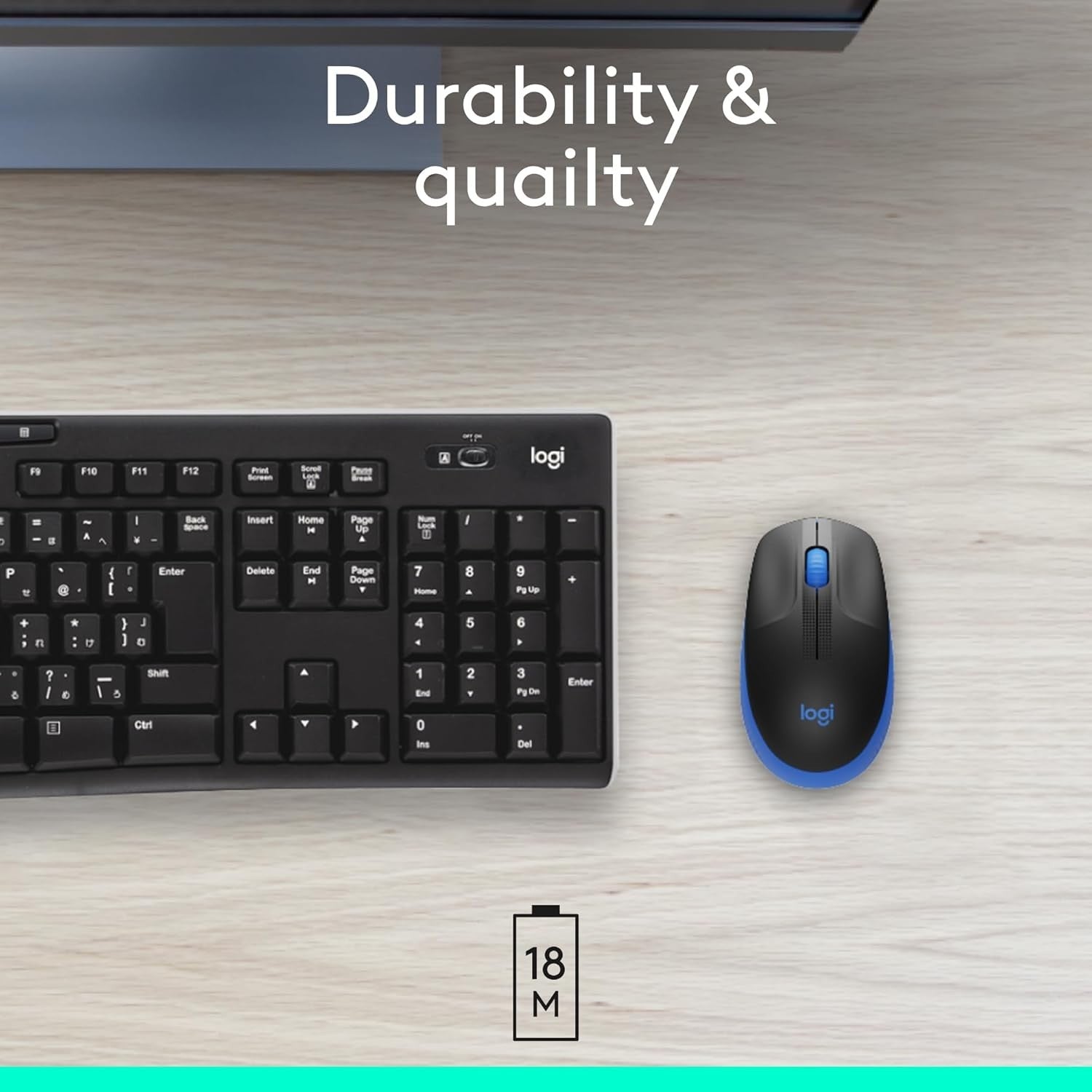 Full Size Wireless Mouse Blue USB 18 Month Battery Ergonomic