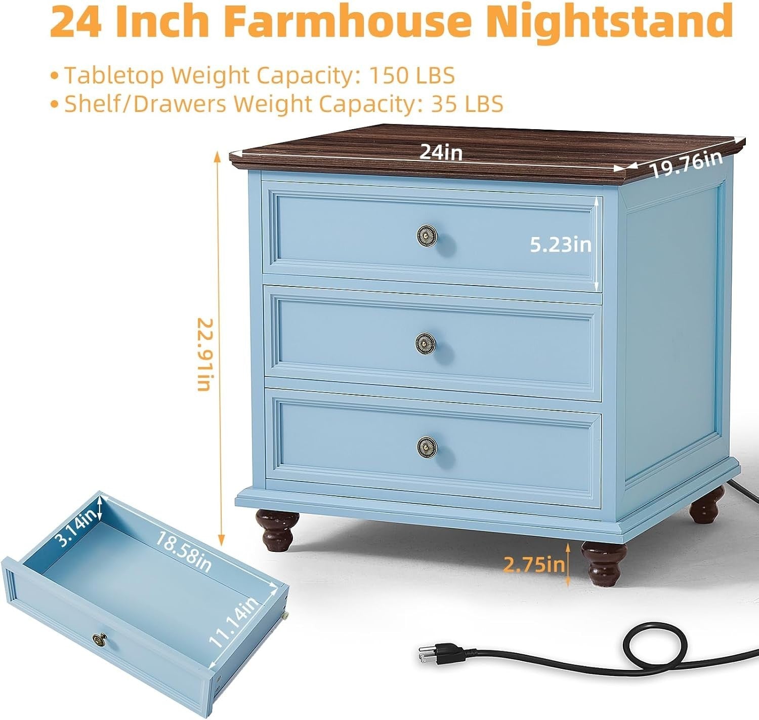 Light Blue Wooden Bedside Table with Drawers – Country Style Nightstand