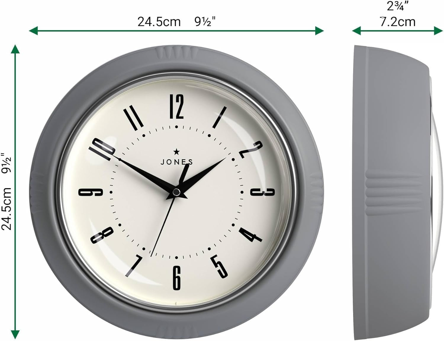 25cm Grey Retro Wall Clock Silent Quartz | Easy Read Kitchen Office Home Decor
