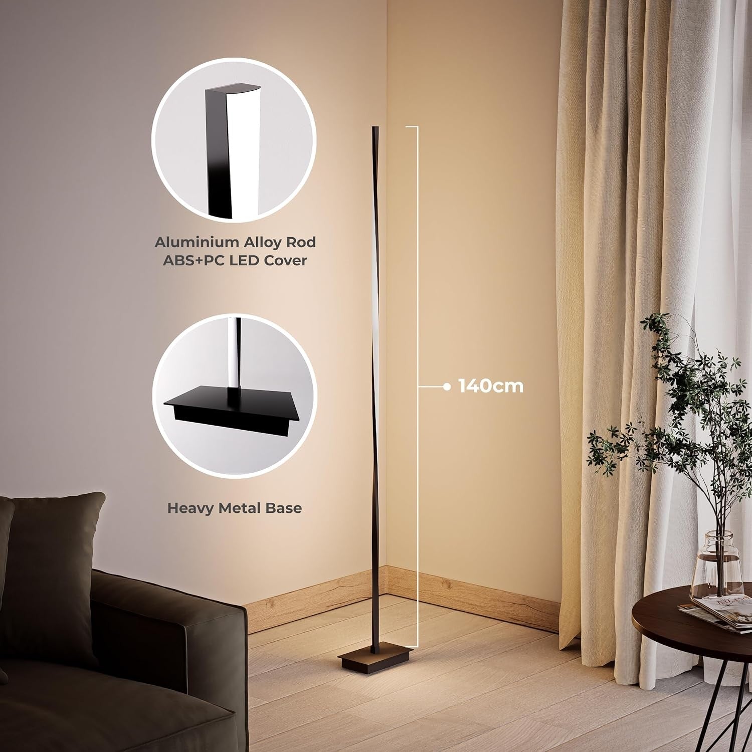 Modern LED Floor Lamp Dimmable Remote Control Standing Light Matte Black