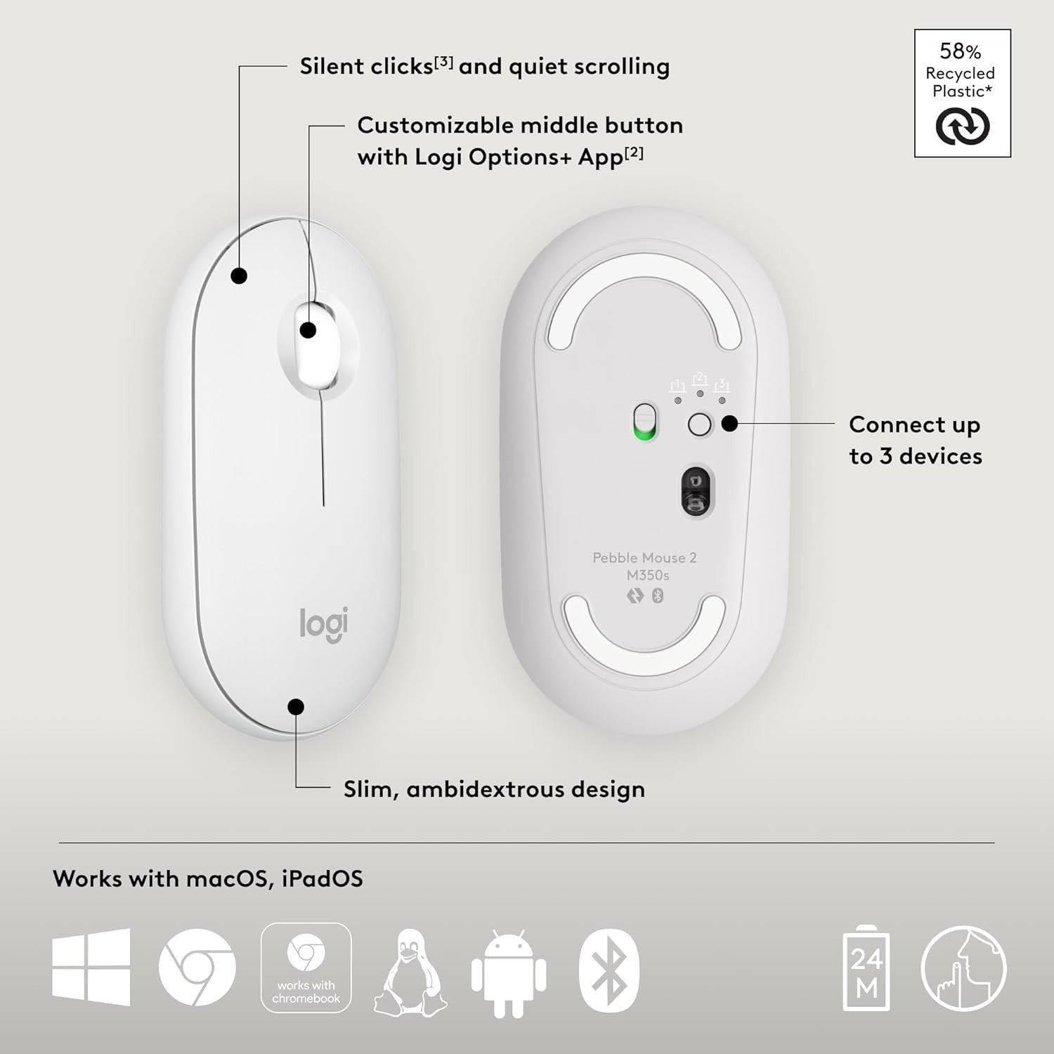 White Bluetooth Wireless Mouse Silent Click Ultra Slim Lightweight Office Travel