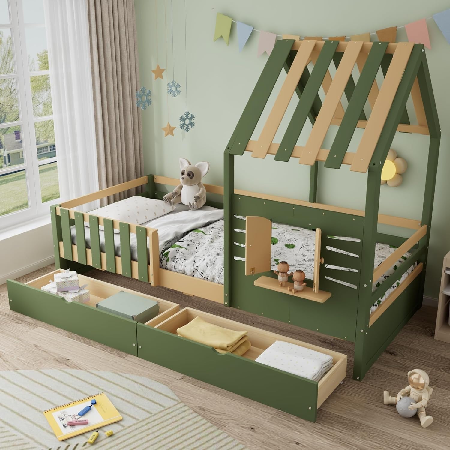 Kids Wooden House Bed Frame 3FT w/ Drawers, Guardrail & Roof Design 90x190cm
