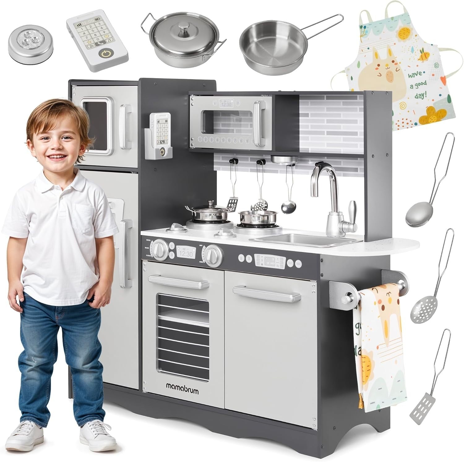 Wooden Kids Play Kitchen LED Lights Pretend Cooking Set Grey Toy