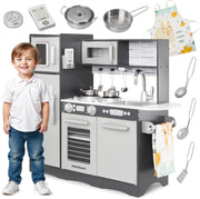 Wooden Kids Play Kitchen LED Lights Pretend Cooking Set Grey Toy