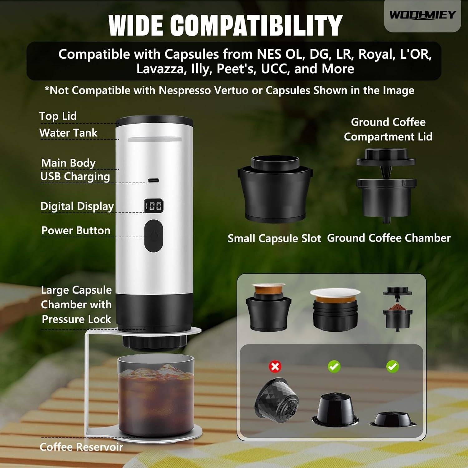 Portable Self-Heating Espresso Maker 15Bar Travel Capsule & Ground Coffee