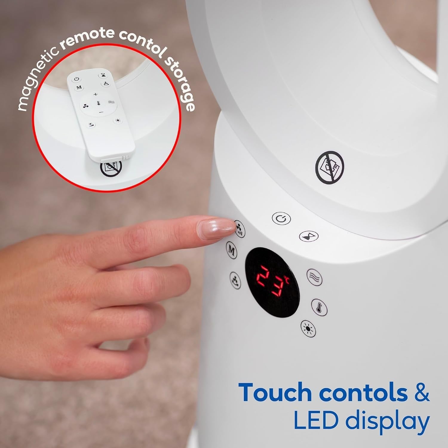 Bladeless Tower Fan & Heater – 2000W 9-Speed LED Display Remote White