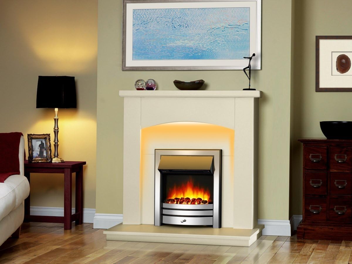 42” Electric Fireplace Suite Remote Heater Brass Trim Log Flame MDF