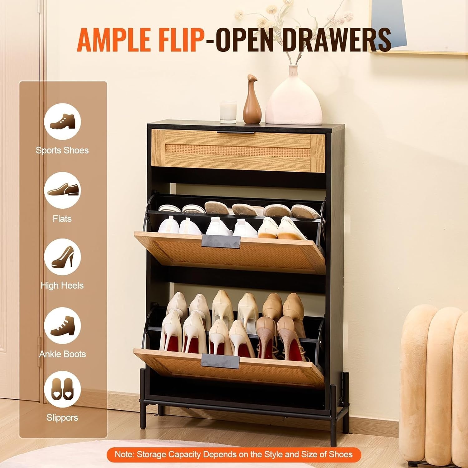Narrow Rattan Shoe Cabinet with 2 Flip Drawers & Slide Drawer – Black
