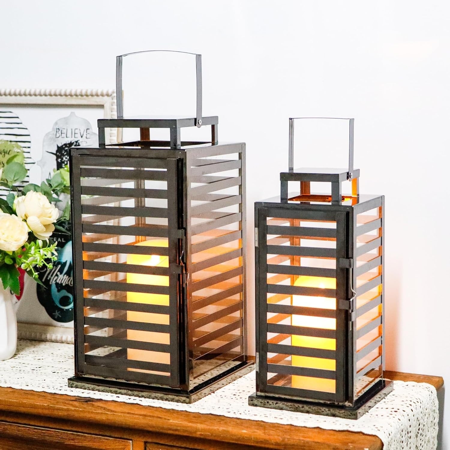 Set of 2 Black Stainless Steel Candle Lanterns 38 cm