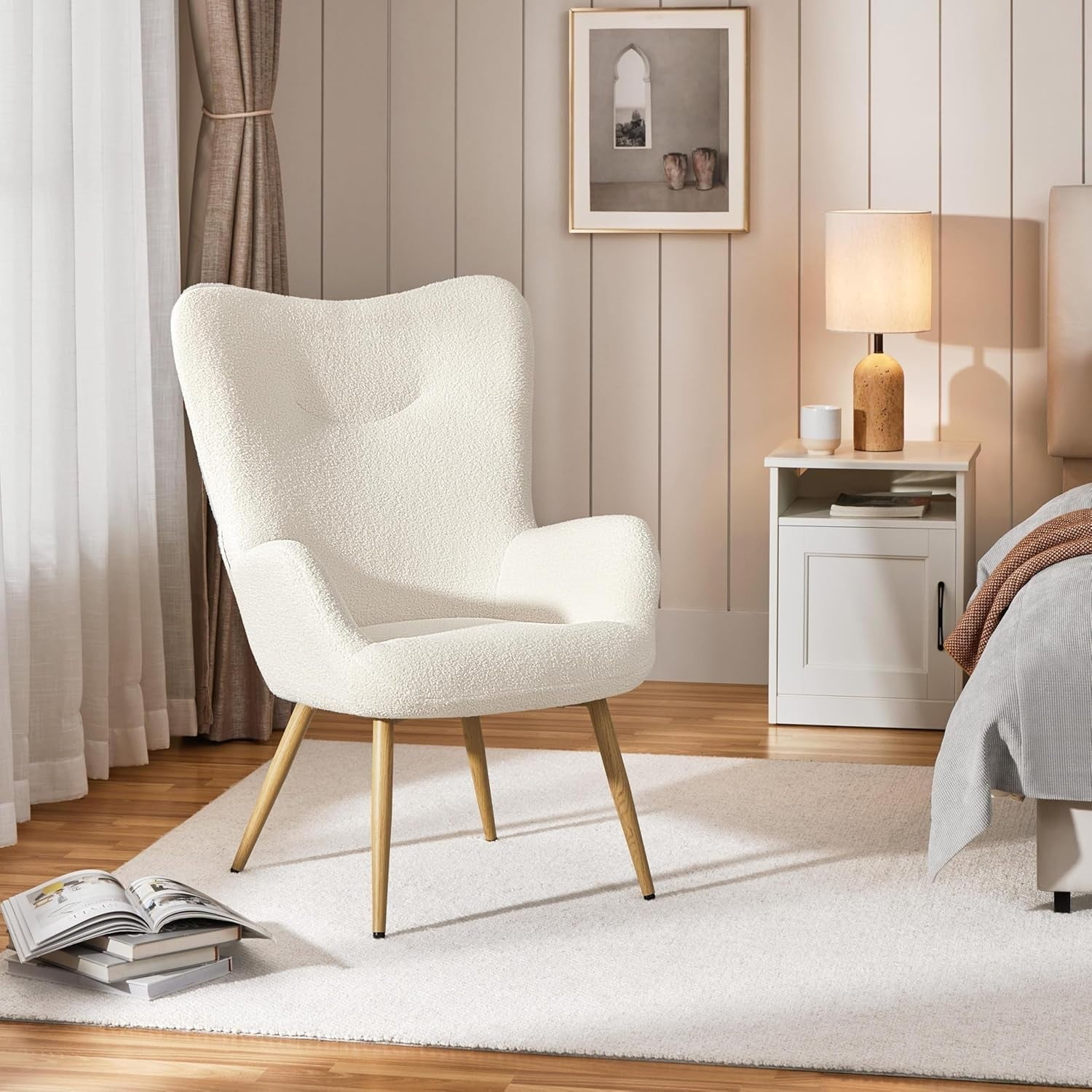 Cozy Sherpa Fuzzy Tub Chair with High Back & Wooden Legs for Living Room