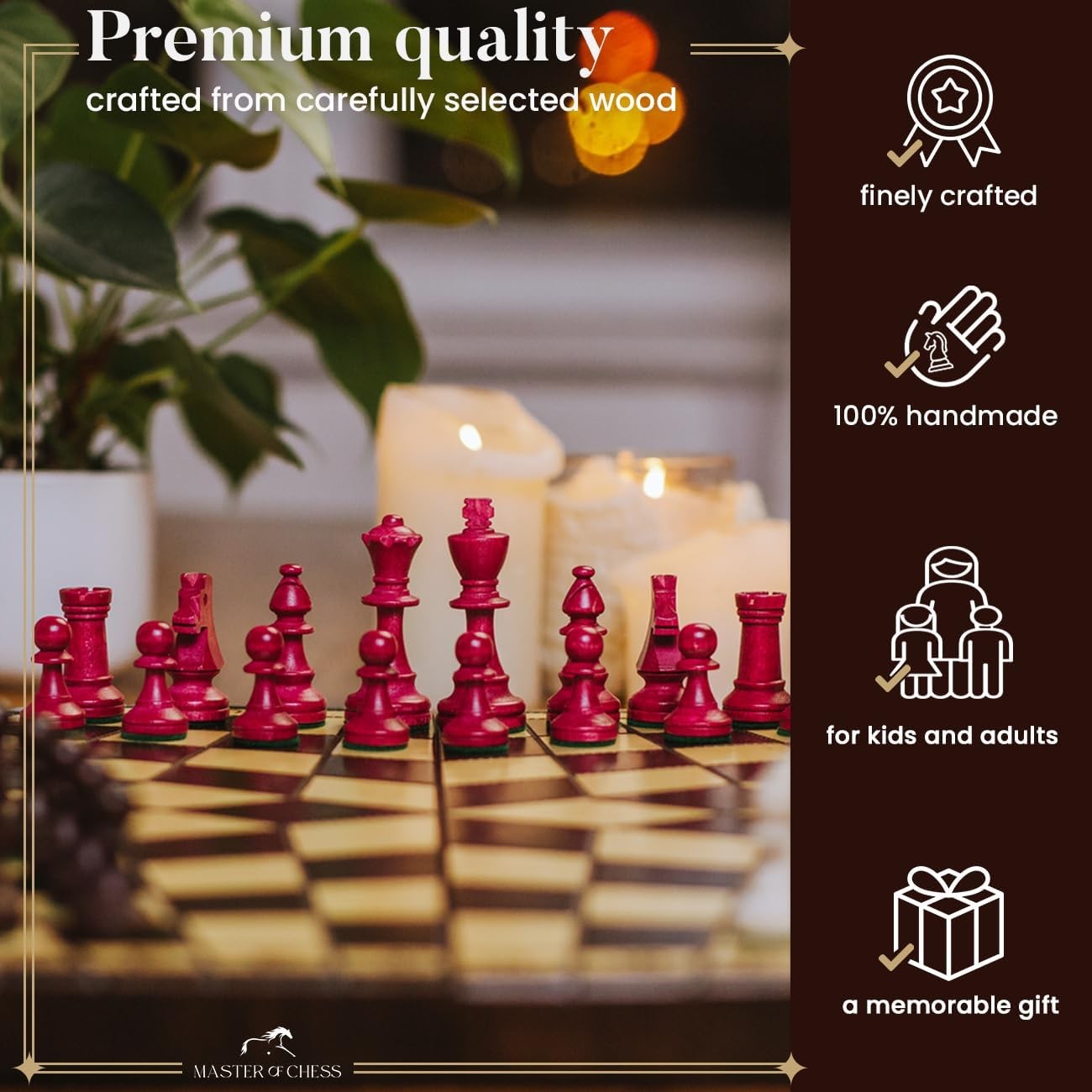 XL 3-Player Wooden Chess Set 54×47cm Handcrafted Board Travel Table Game