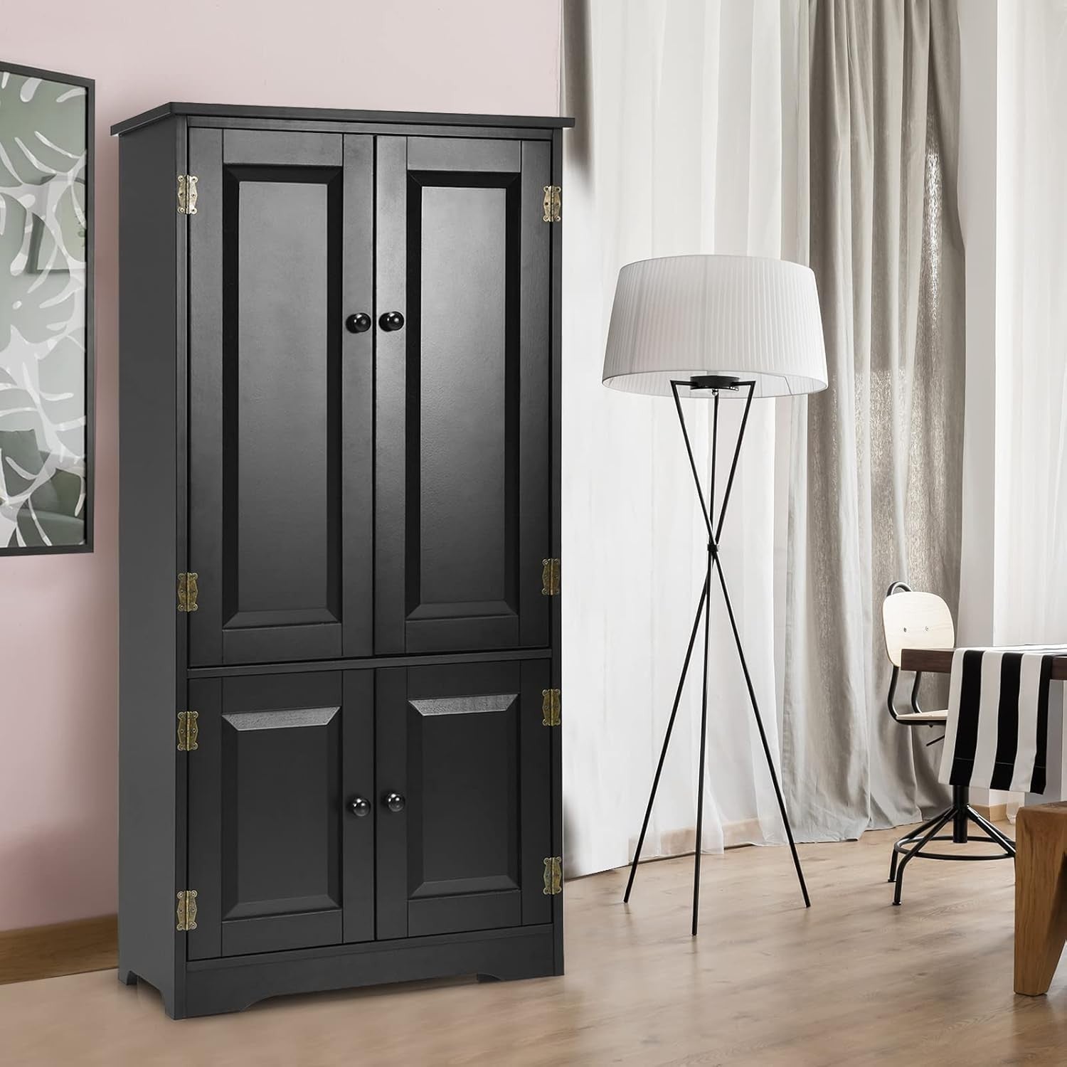 Black Wood Storage Cabinet 4 Door Cupboard | Adjustable Shelves Freestanding Uni