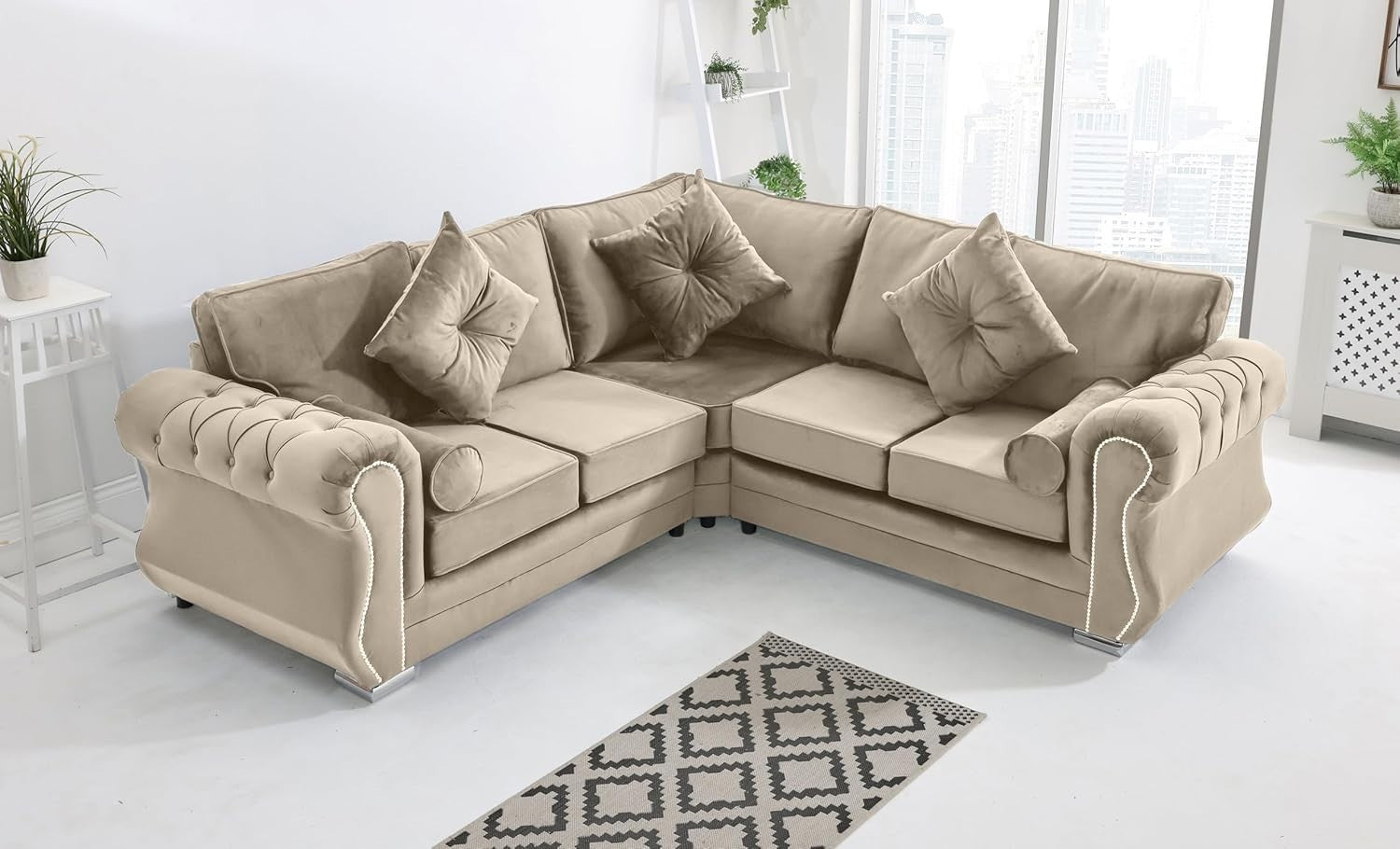 Cream Plush Velvet Corner Sofa 5 Seater Foam Cushions & Chrome Feet
