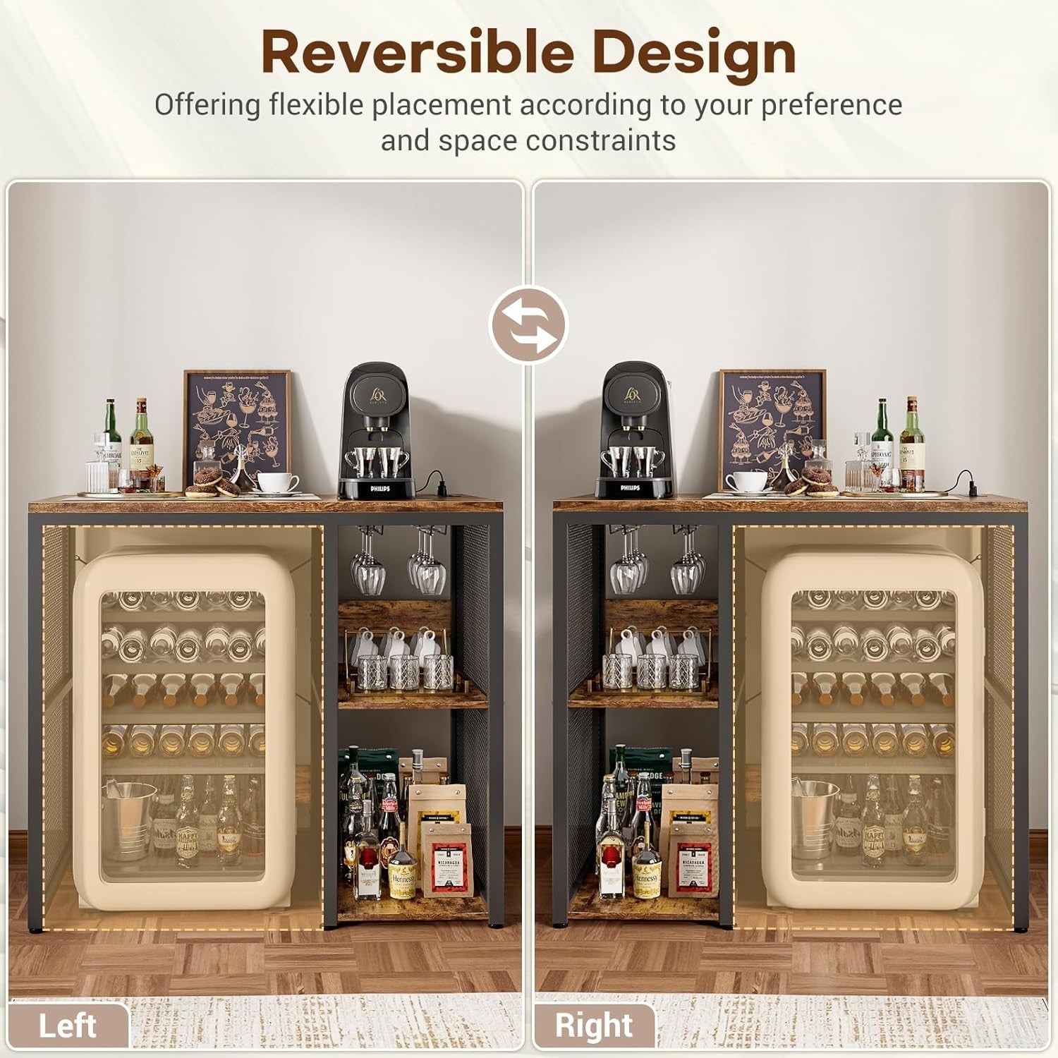 Mini Fridge Stand with Power Outlets Wine Bar Storage Cabinet Rustic Brown