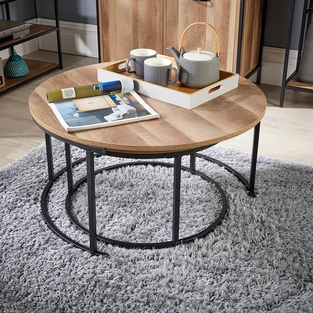 Round Nesting Coffee Tables Set of 2 – Black Metal Frame, Oak Effect, Space