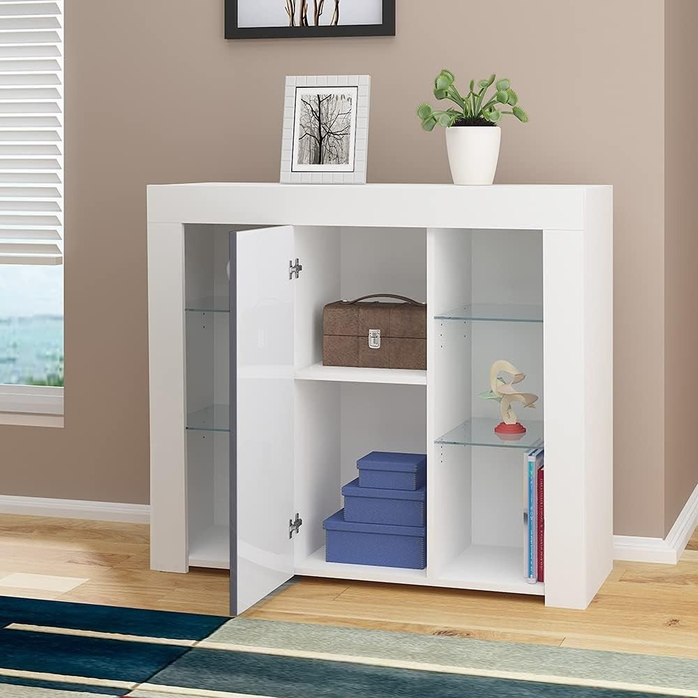 LED Sideboard Cabinet Grey Modern Display Unit with Glass Shelves RGB