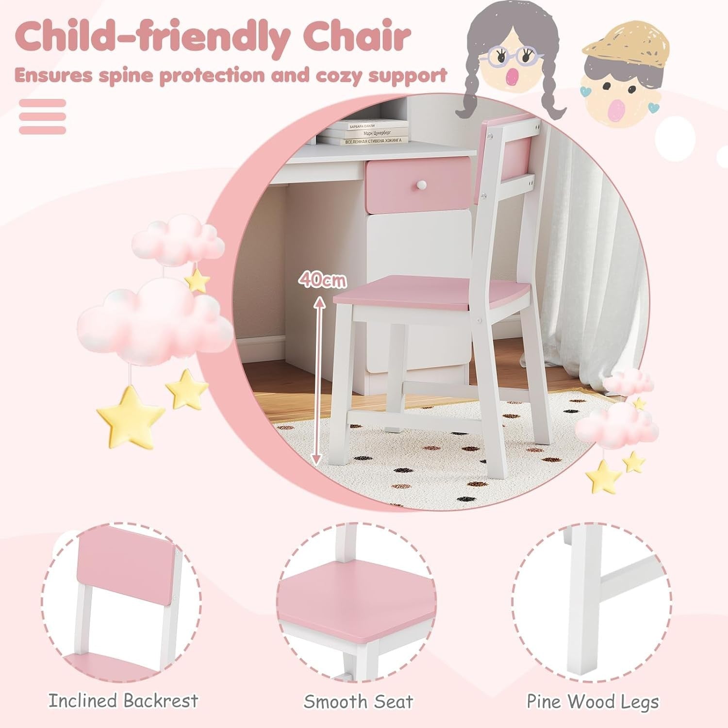 Kids Study Desk and Chair Set Wooden Writing Table Storage Shelves Drawer Pink