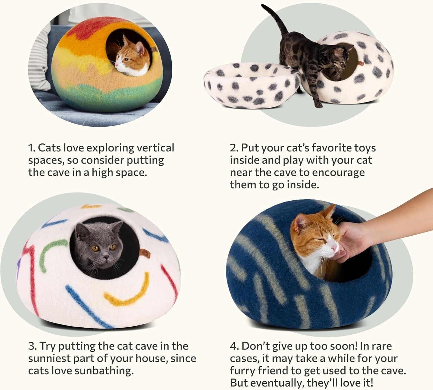 Large Felt Cat Cave Bed Handmade Merino Wool Indoor Cat House Ivory