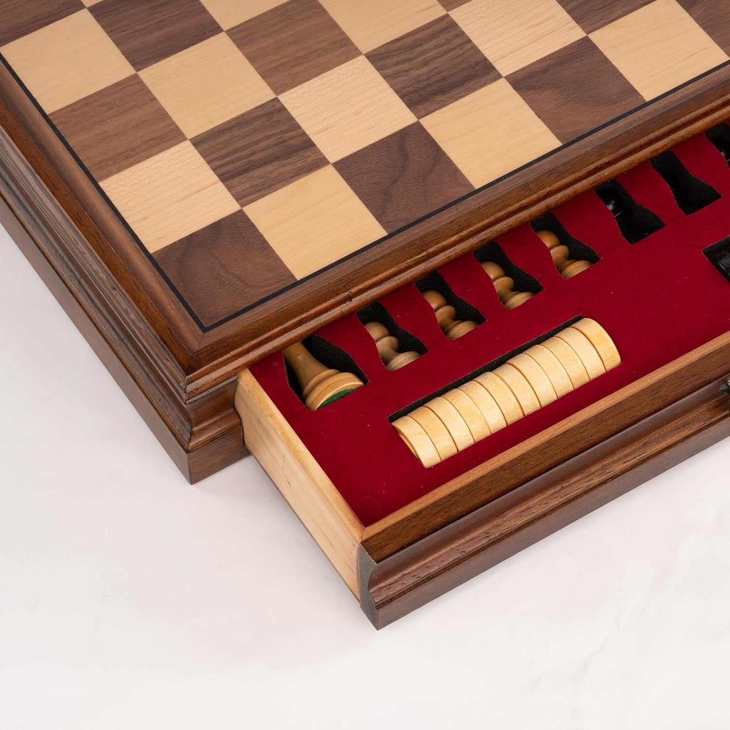 15" Walnut Wooden Chess Set w/ Storage Drawer & 3" Weighted Pieces