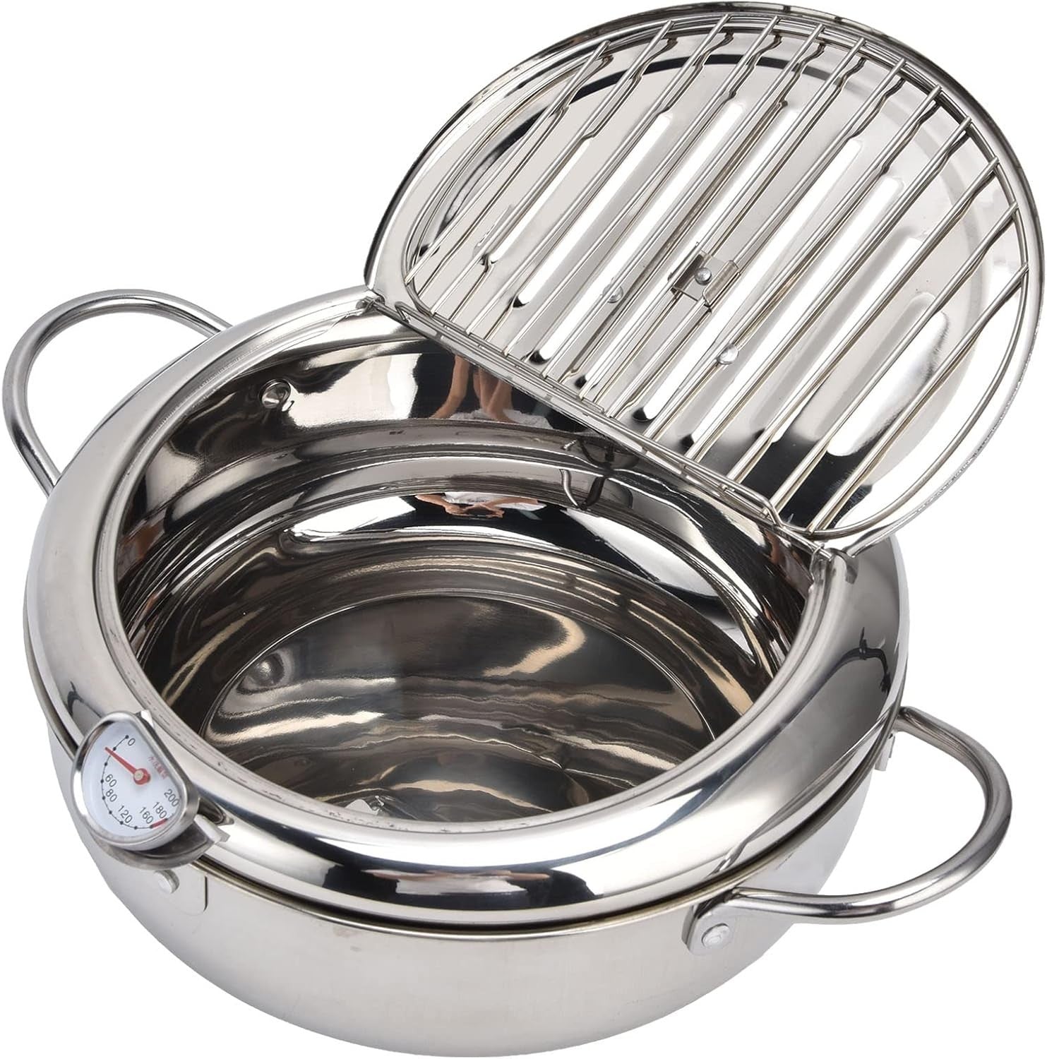 Stainless Steel Tempura Fryer Pot w Thermometer Lid Oil Drip Rack