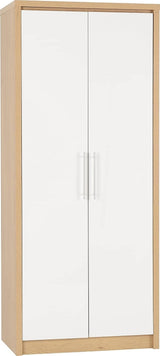 White Gloss & Light Oak 2 Door Wardrobe with Sliding Doors & Spacious Storage