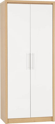 White Gloss & Light Oak 2 Door Wardrobe with Sliding Doors & Spacious Storage