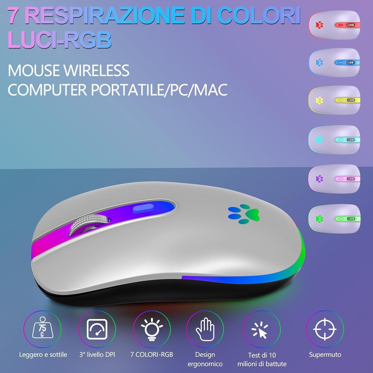 Silver Bluetooth Wireless Mouse 1600 DPI Rechargeable RGB
