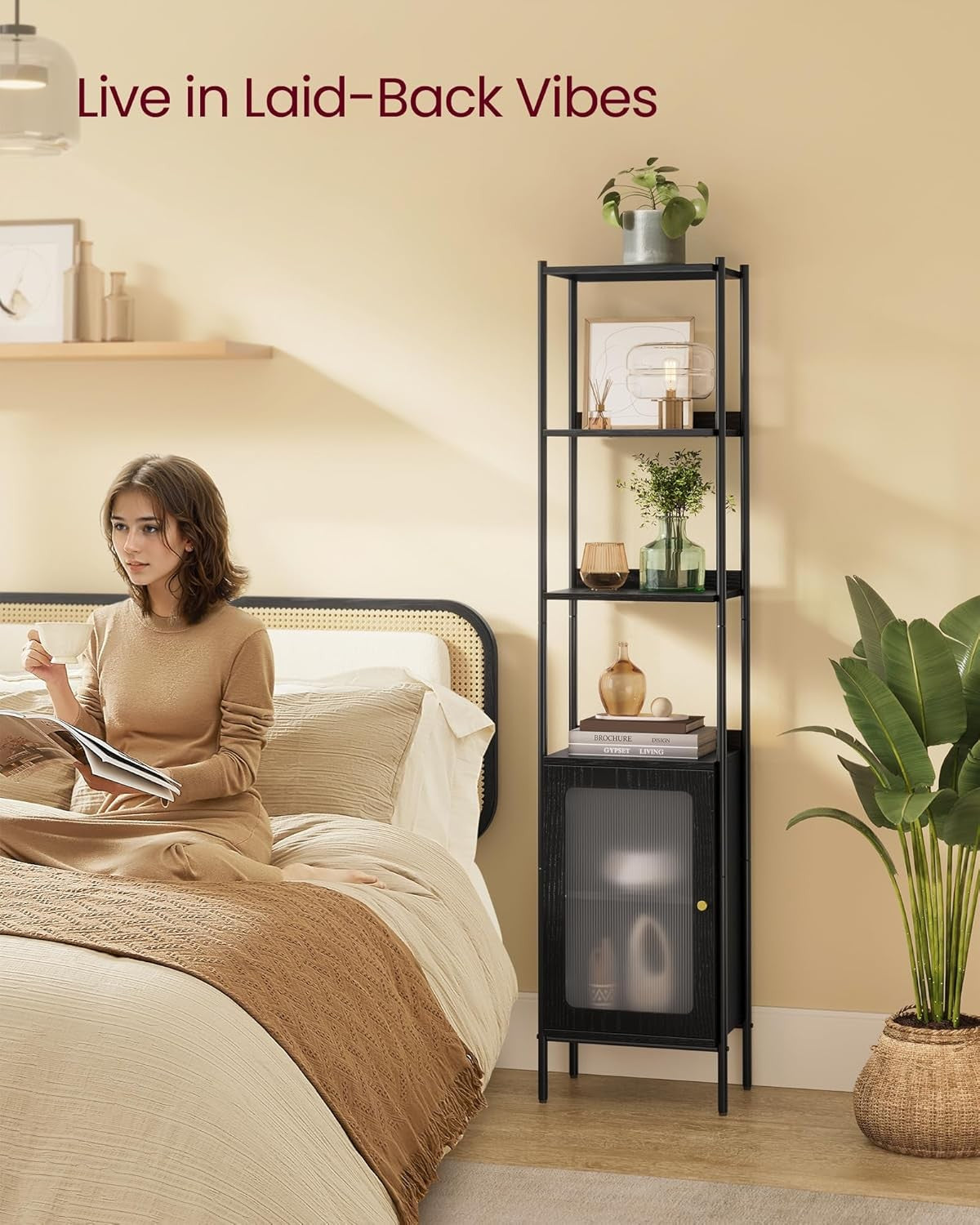 6-Tier Tall Bookcase with Cabinet – Modern Black Shelving Unit for Home & Office