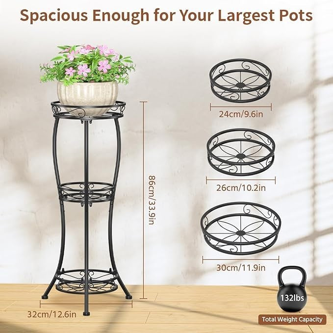 3 Tier Iron Plant Stand Black Flower Pot Display Tower for Patio Balcony