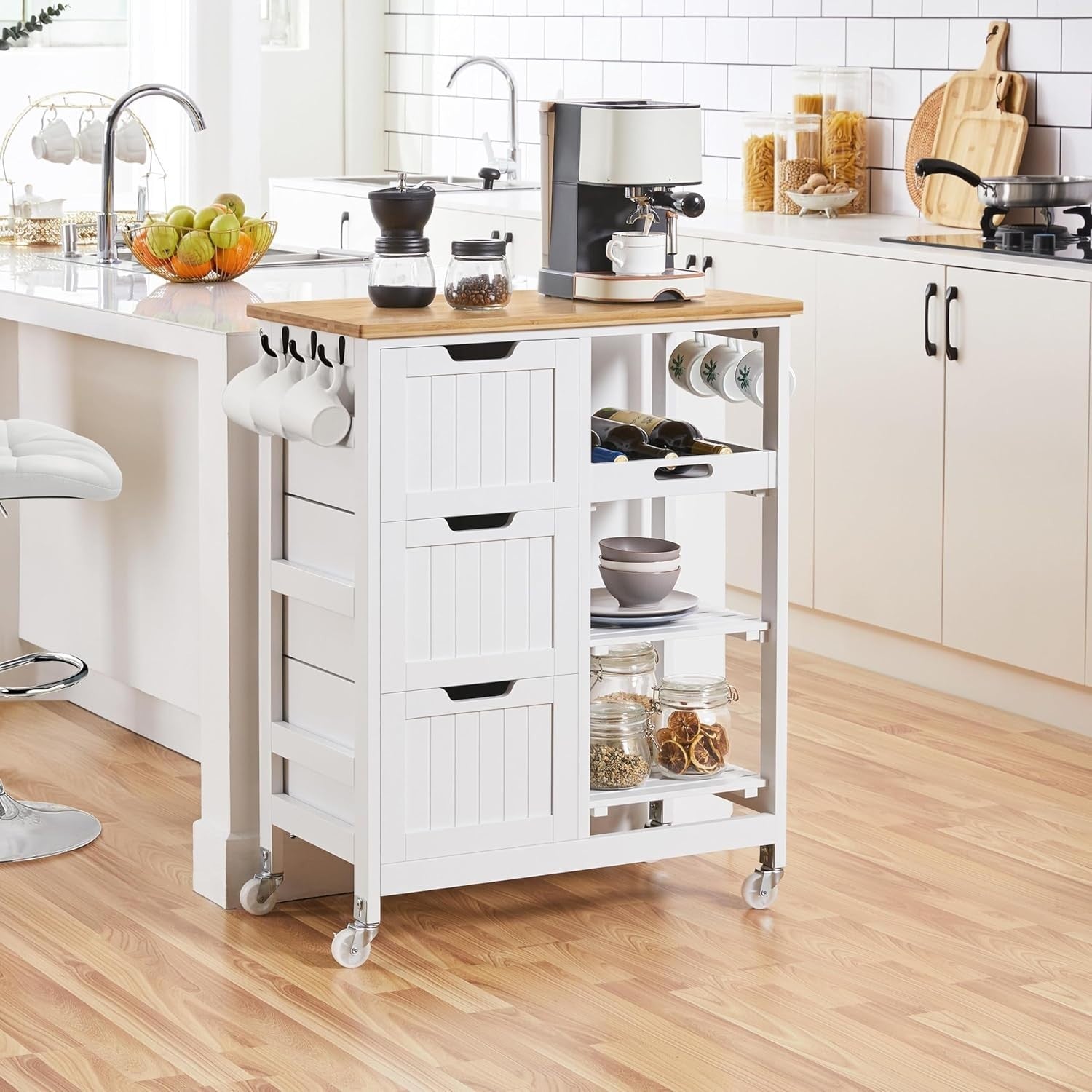 Kitchen Trolley on Wheels White 3 Drawers Island Cart
