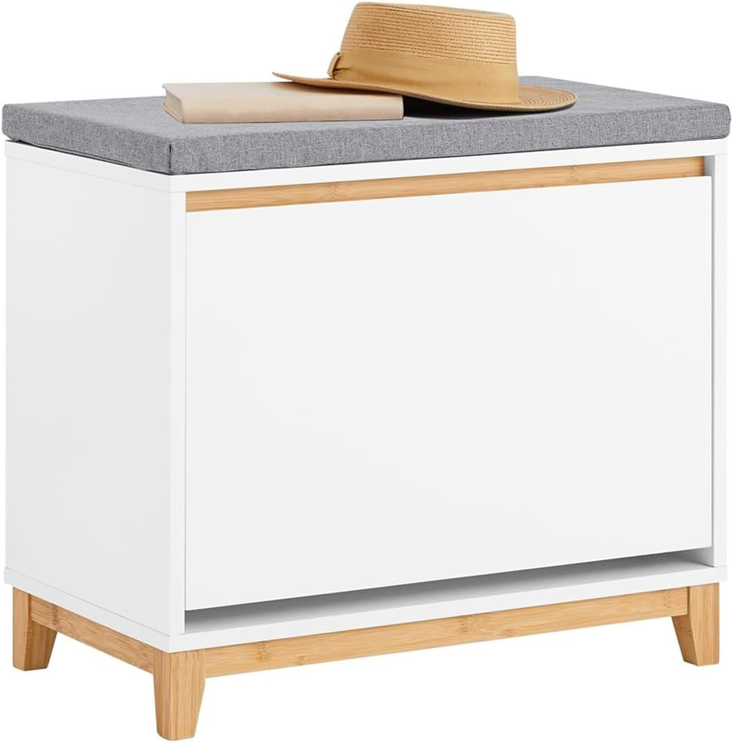 White Shoe Storage Bench with Cushion & Flip Drawer Hallway Cabinet 60x34x55cm