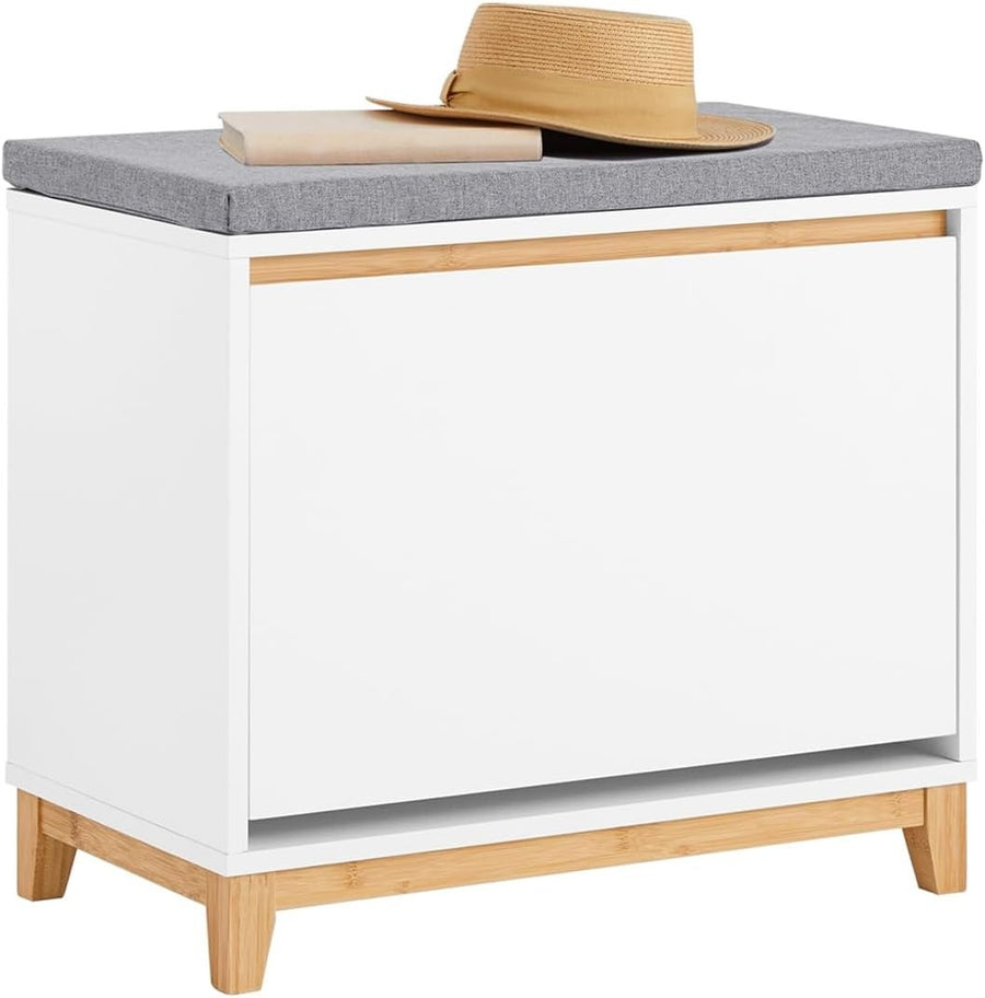 White Shoe Storage Bench with Cushion & Flip Drawer Hallway Cabinet 60x34x55cm