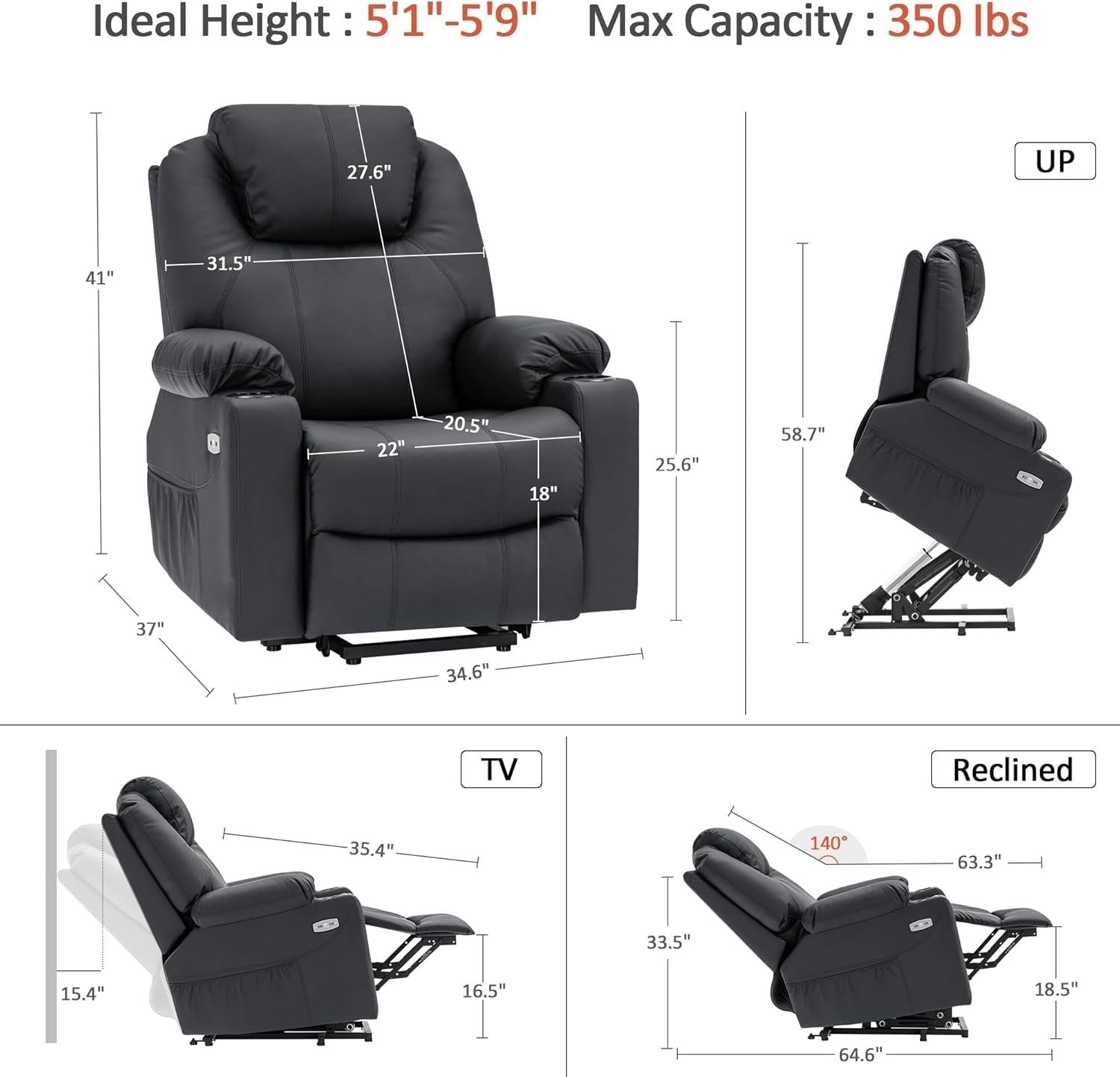 Electric Riser Recliner Chair Lift Assist Heated Massage USB Faux Leather Black