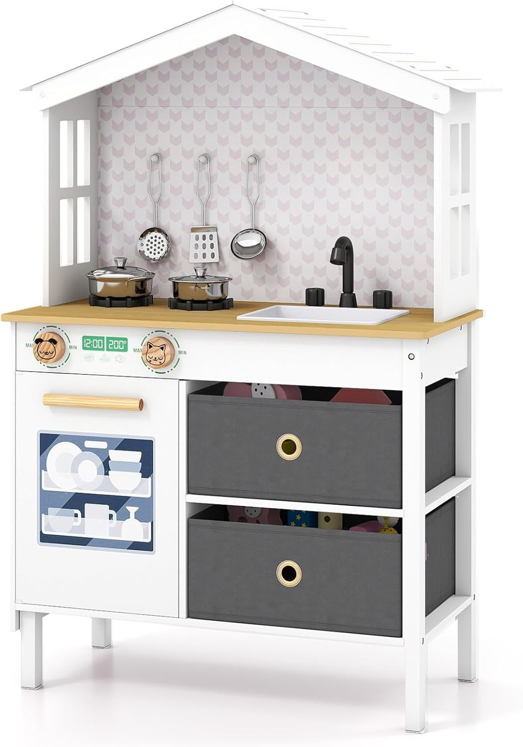 Wooden Kids Play Kitchen White Toy Set Sink Dishwasher Storage Stove