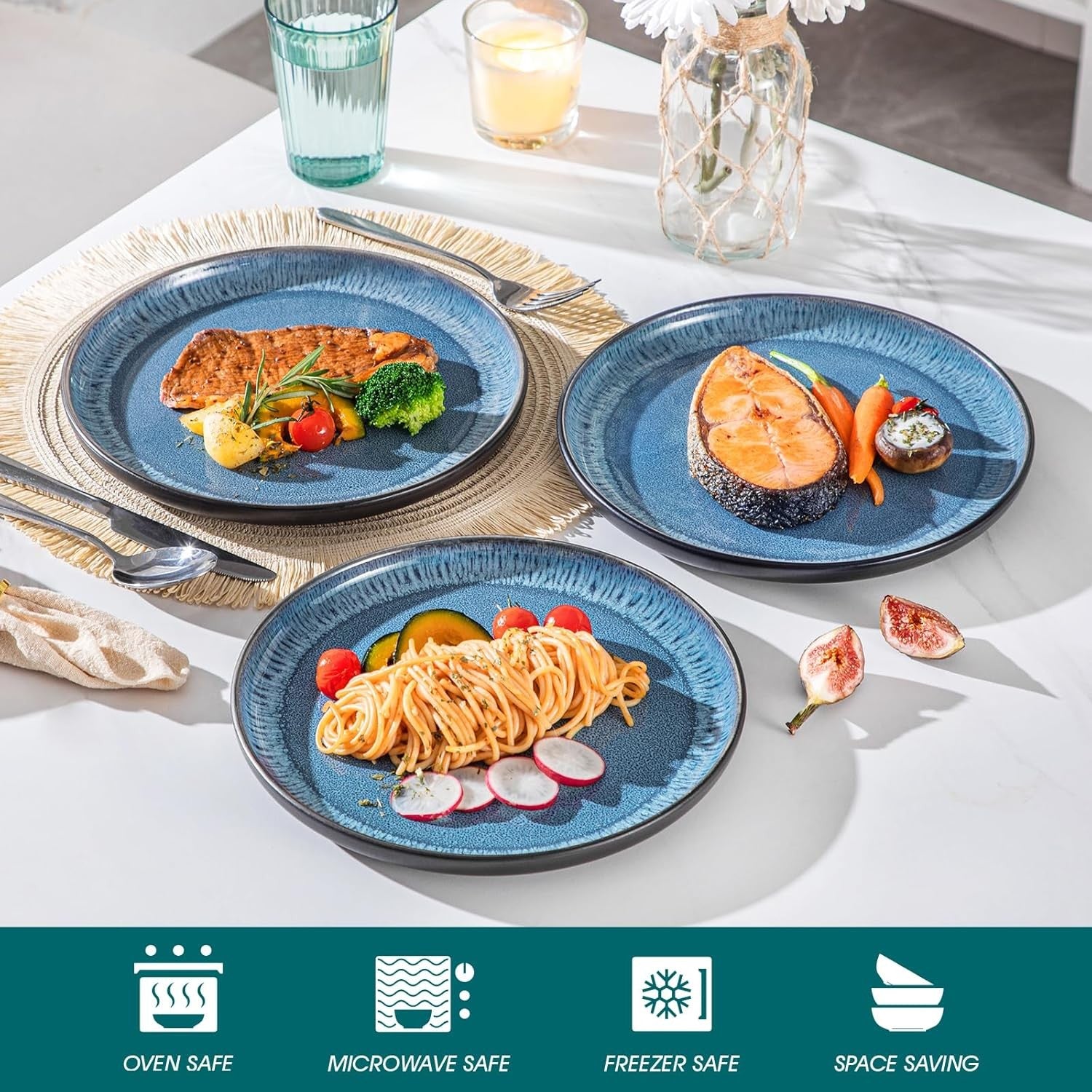 10.25in Blue Ceramic Dinner Plates Set of 6 Scratch Resistant Modern