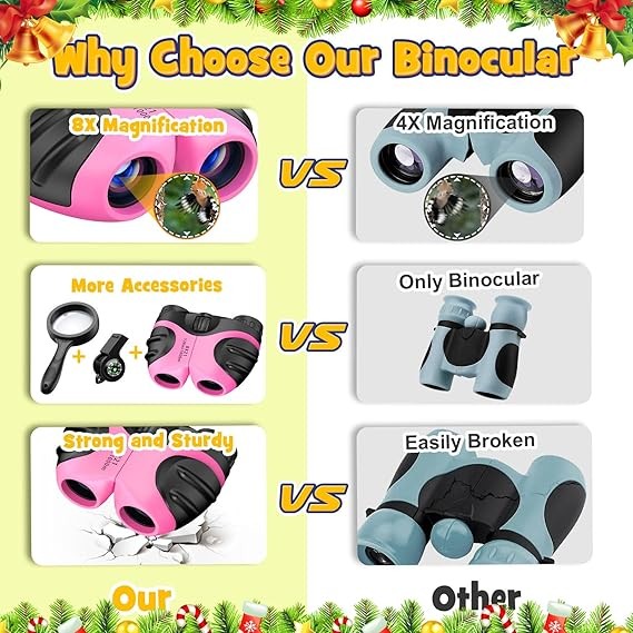 Kids 8x21 Waterproof Binoculars with Compass & Whistle Outdoor Explorer Pink