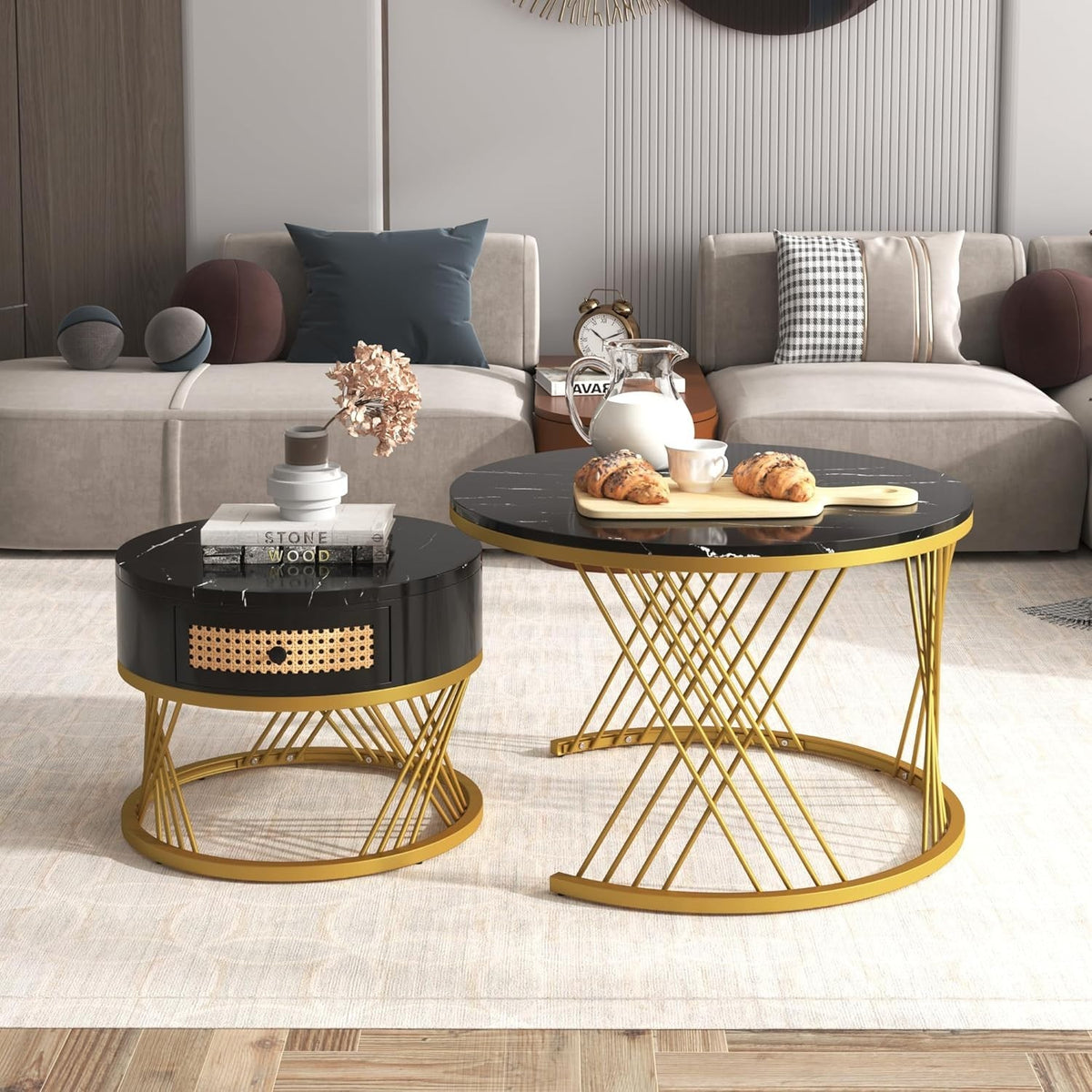 ModernLuxe 2-in-1 Round Coffee Table Set with Marble Top & Rattan Drawer