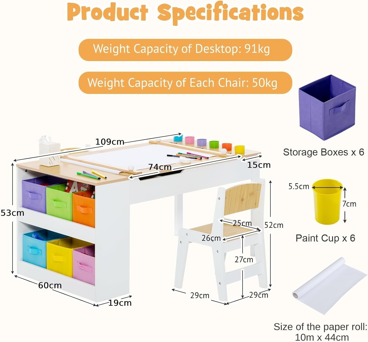 Kids Art Table and Chair Set with Storage Bins & Easel Desk Natural White 6 Cups