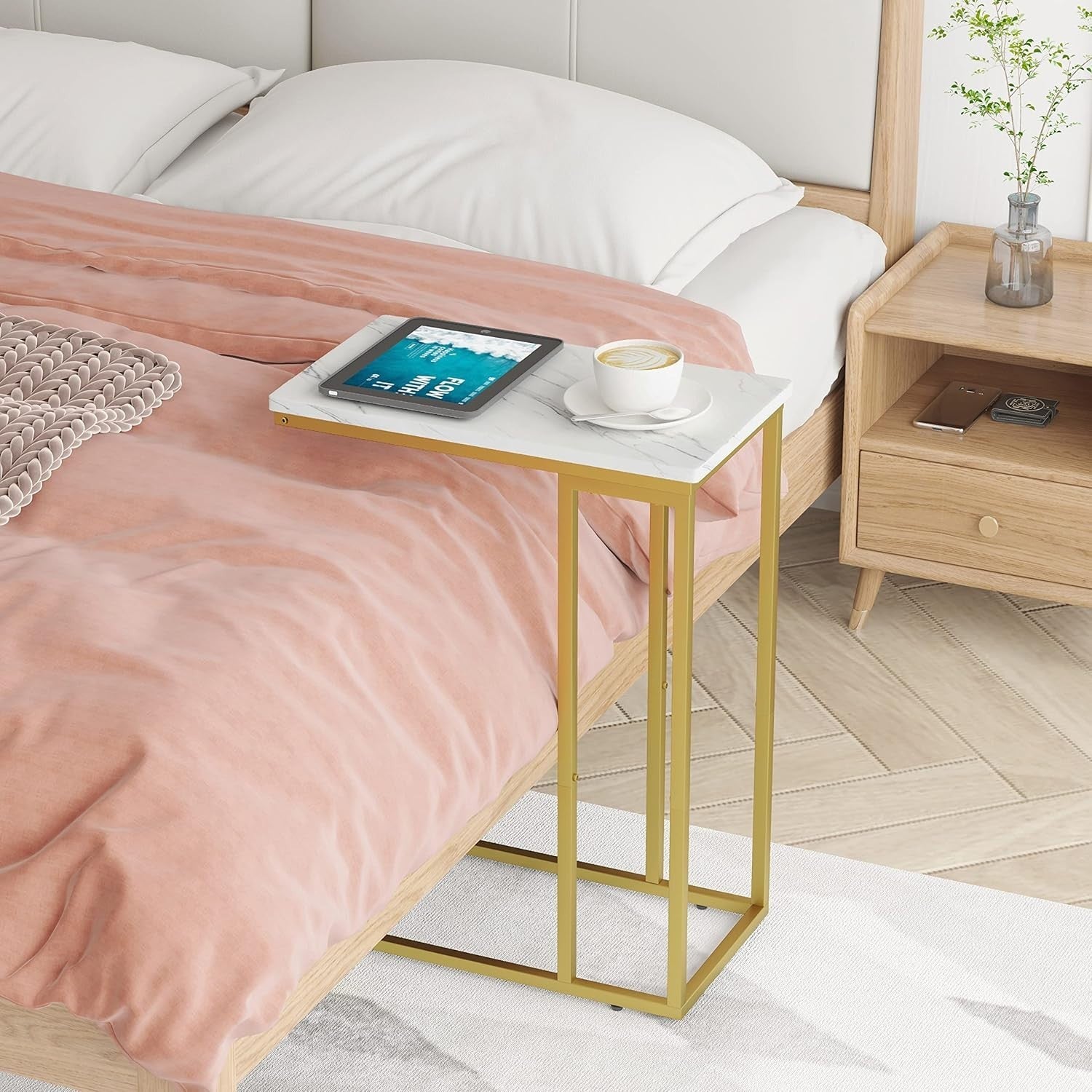 Slim C-Shaped Side Table with Marble Top, Slide Under Sofa Bed, Stylish & Sturdy