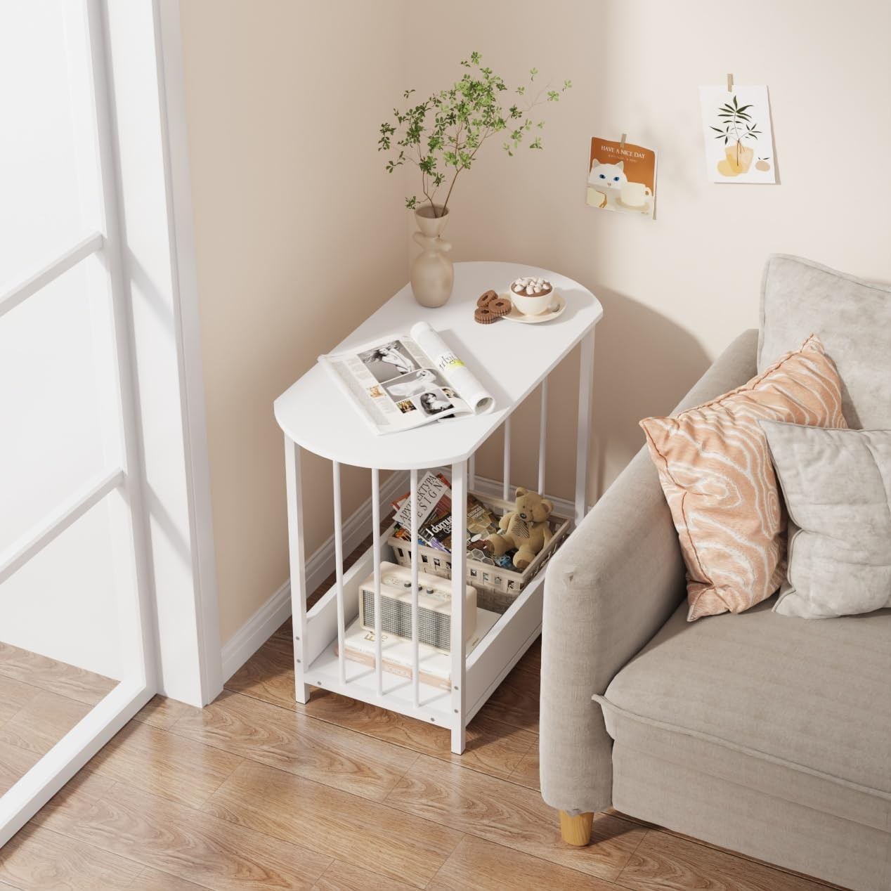 Oval White Side Table with 2-Tier Shelf – Modern Small Sofa End Table