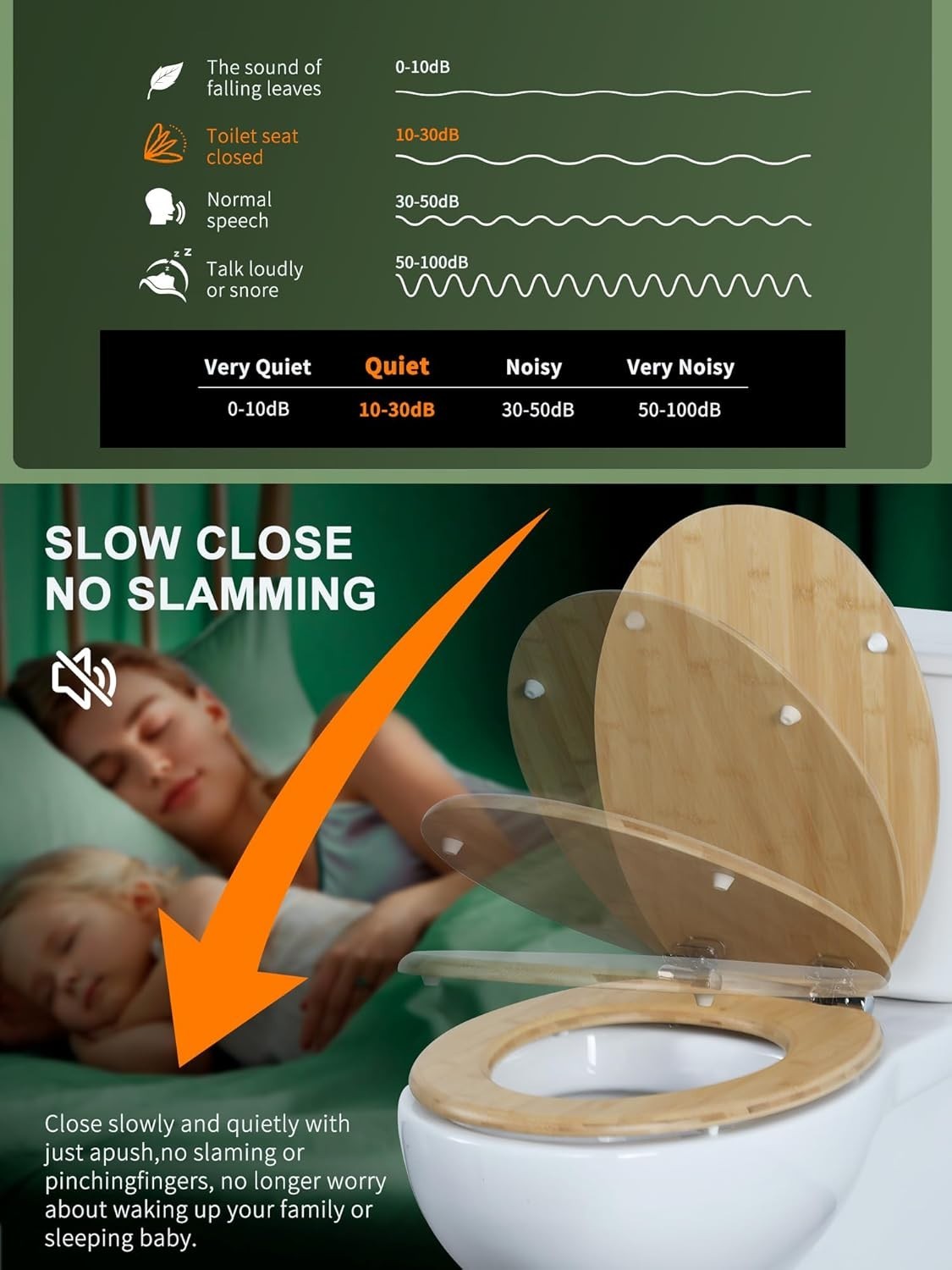 Bamboo Toilet Seat Soft Close O Shape Quick Release Adjustable Top Fix 45x37cm